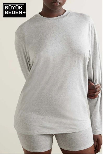 Kadın Büyük Beden Uzun Kollu 2 İplik Bisiklet Yaka Tişört - 3