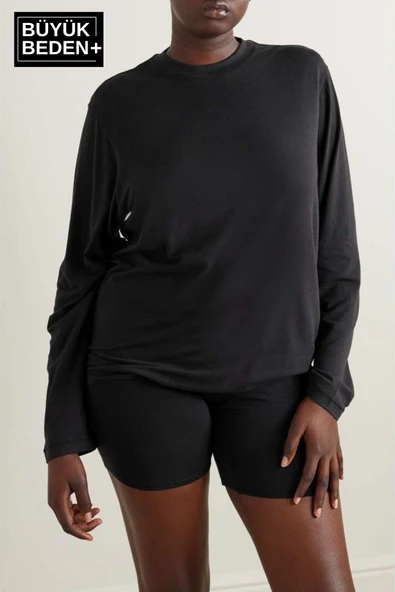 Kadın Büyük Beden Uzun Kollu 2 İplik Bisiklet Yaka Tişört
