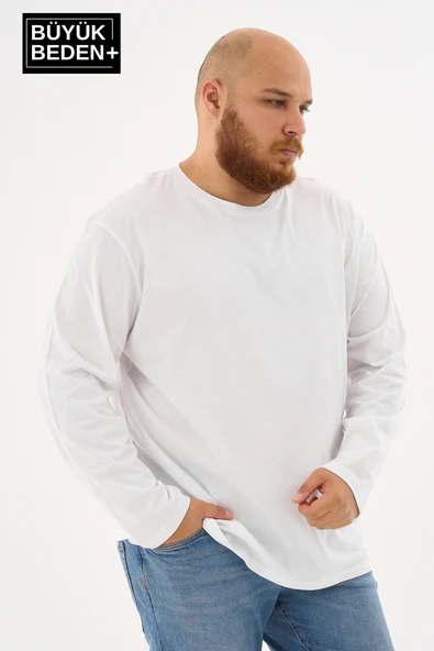 Erkek Büyük Beden Uzun Kollu 2 İplik Bisiklet Yaka Tişört - 8