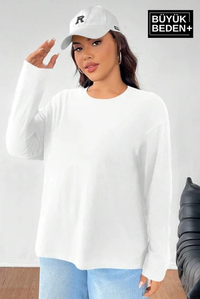 Kadın Büyük Beden Uzun Kollu 2 İplik Bisiklet Yaka Tişört ürün görseli
