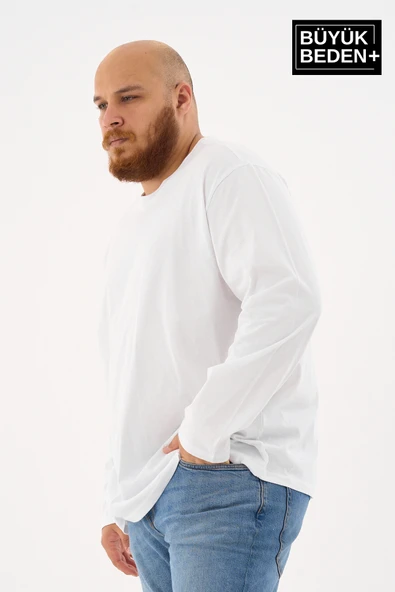 Erkek Büyük Beden Uzun Kollu 2 İplik Bisiklet Yaka Tişört - 11