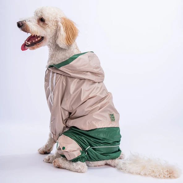 Pawstar BiColor Bej-Yeşil Polarlı Su Geçirmez Orta-Büyük Irk Köpek Yağmurluk Tulum - 2