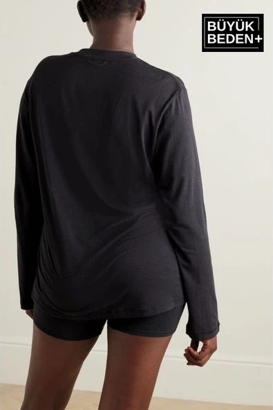 Kadın Büyük Beden Uzun Kollu 2 İplik Bisiklet Yaka Tişört - 2