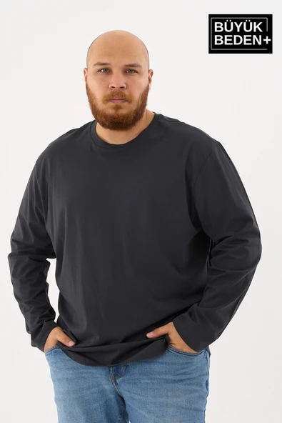 Erkek Büyük Beden Uzun Kollu 2 İplik Bisiklet Yaka Tişört - 3
