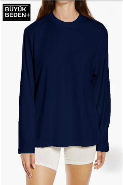 Kadın Büyük Beden Uzun Kollu 2 İplik Bisiklet Yaka Tişört - 6