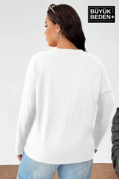 Kadın Büyük Beden Uzun Kollu 2 İplik Bisiklet Yaka Tişört - 8