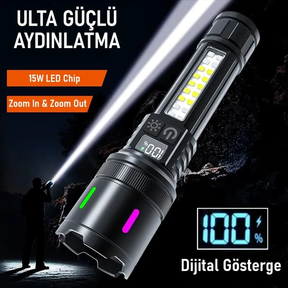 Valkyrie Şarjlı 15W Led 7 Işık Modu Çakarlı Zoom Özellikli Dijital Güç Göstergeli Uzun Pil Ömrü - 5