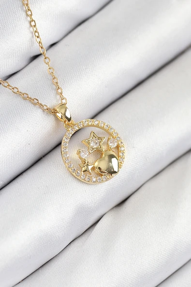 316L Çelik Zirkon Taşlı Yıldız Ve Kalp Model Gold Renk Kadın Kolye - TJ-BKO10522 ürün görseli 1