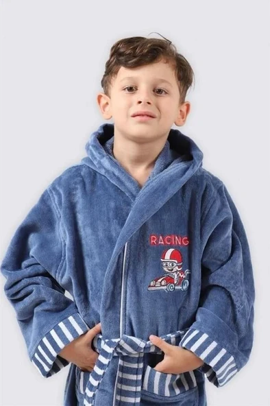 Ecocotton Racer Erkek Çocuk Bornoz %100 Organik Pamuk Nakışlı Mavi 9-10 Yaş - Resim 2