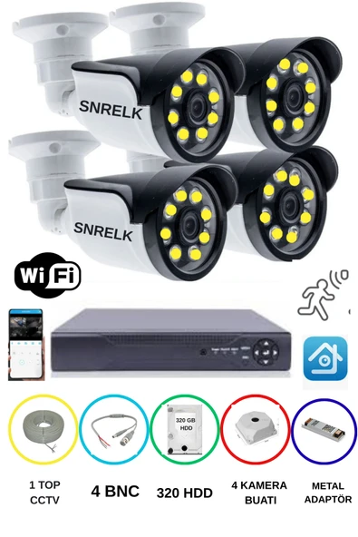 SNRELK 4'LÜ 5MP LENS WARM LEDLİ GECE RENKLİ GÜVENLİK KAMERASI AHD 320 GB SU GEÇİRMEZ FULL SET - Resim 3