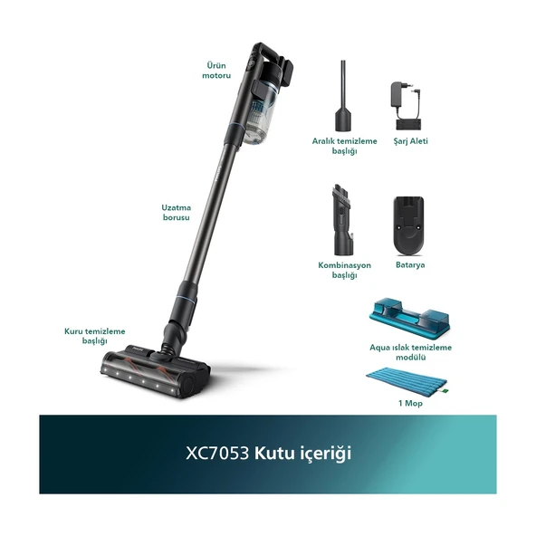 Phılıps XC7053/01 7000 Serisi Aqua 25.2 V Kablosuz Dik Süpürge, PowerCyclone 12, TriActive Akıllı Başlık, 80 dk'ya Kadar Şarj, 3 Aşamalı Filtreleme, - 3
