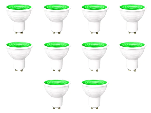 ZMR-121/B.YY 10’lu 7W GU10 LED Çanak Ampul Seti Yeşil Renk Mercekli 540lm Yüksek Verimli Aydınlatma