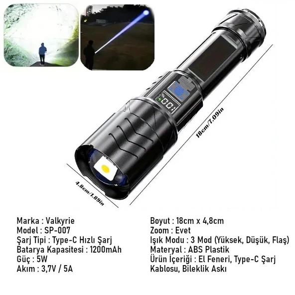 Valkyrie Şarjlı LED El Feneri 3 Mod Zoom Dijital Göstergeli Type-C Hızlı Şarj - 4