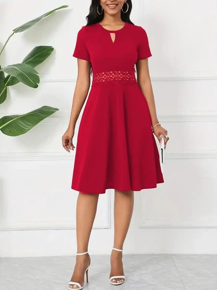 Kadın Kısa Kollu Yuvarlak Yaka Damla Detaylı Janjan Elbise - Resim 4