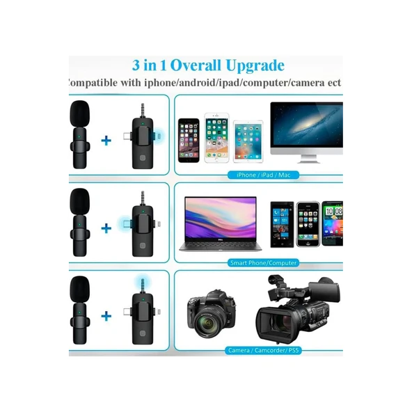 Yüksek Kalite Profesyonel 3 In 1 Kablosuz Taşınabilir Yaka Mikrofonu Youtube Facebook Tiktok - 6