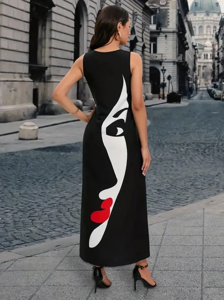 Kadın Sıfır Kol V Yakalı Kadın Yüz Desenli Süprem Elbise - Resim 4