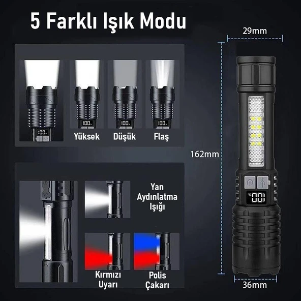 Valkyrie Şarjlı LED El Feneri 5 Işık Modu Type-C Şarjlı Çakar Modlu Zoom Özellikli - Resim 3