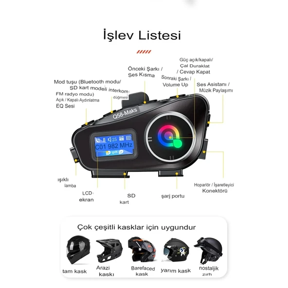 Q58-max Radyolu 2 Kişi Bağlantılı Bluetooth Kask Kulaklık Ekranlı Fenerli Müzik Ve Telsiz Intercom - 2