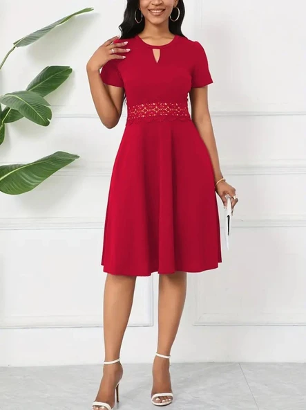 Kadın Kısa Kollu Yuvarlak Yaka Damla Detaylı Janjan Elbise - Resim 5