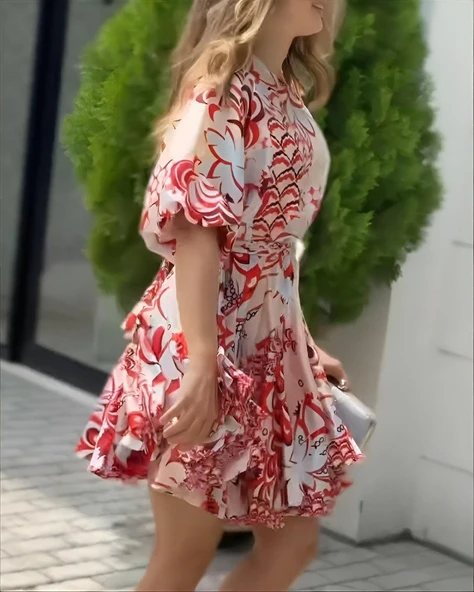 Kadın Kısa Balon Kollu Yuvarlak Yakalı Pileli Desenli Mini Elbise - Resim 3