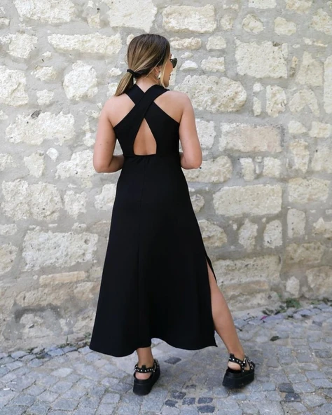 Kadın Arkadan çapraz Detay Yuvarlak Yaka Maksi Viskon Elbise - Resim 4