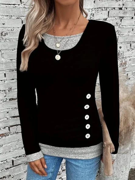 Kadın Uzun Kollu Yuvarlak Yaka Blok Renkli Yandan Düğmeli Viskon Bluz - Resim 5