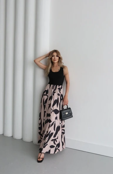 Kadın Askılı Yuvarlak Yaka üst Viskon Alt Desenli Uzun Süprem Elbise - Resim 5