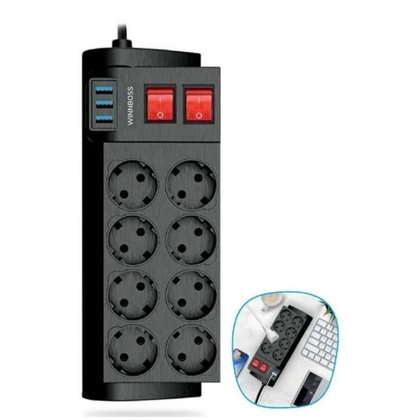 Buffer® Isıya Dayanıklı Termal Akım Korumalı 2 Metre 16a 4000w 8li Priz Ve 3 Usb Li Uzatma Kablosu - 2