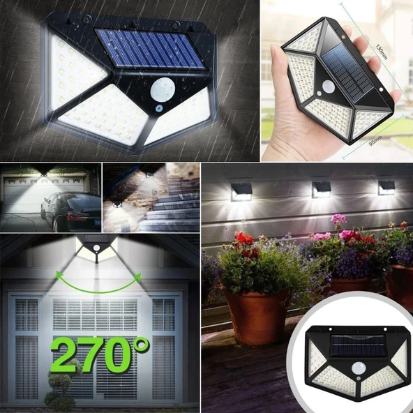 Buffer® 100 Ledli 3 Farklı Aydınlatma Ayarlı Solar Güneş Enerjili Hareket Sensörlü Bahçe Duvar Lambası - 2