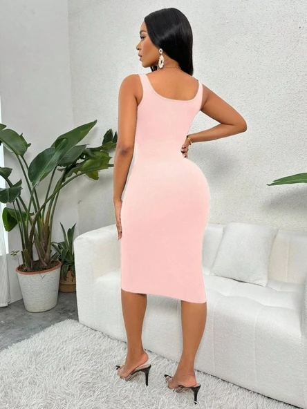 Kadın Askılı önü Düğmeli Midi Kaşkorse Elbise - Resim 3