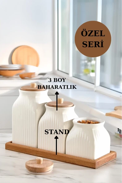 4'Lü Standlı Vakumlu Ahşap Kapaklı Beyaz Kavanoz Seti Takımı Baharat Çay Tuz Şeker Kahve Kavanozu - 2
