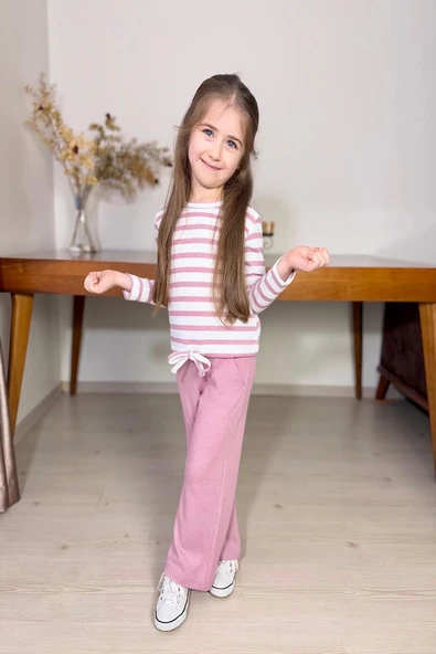 Çizgili Kız Çocuk Bol Paça Mevsimlik Pembe Renk Takım - 1