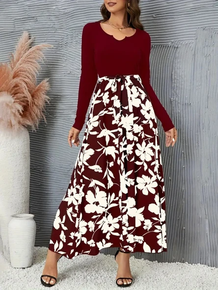 Kadın Uzun Kollu Yaka Açık üst Kaşkorse Beli Kuşaklı Alt çiçek Baskılı Dalgıç Elbise - Resim 5
