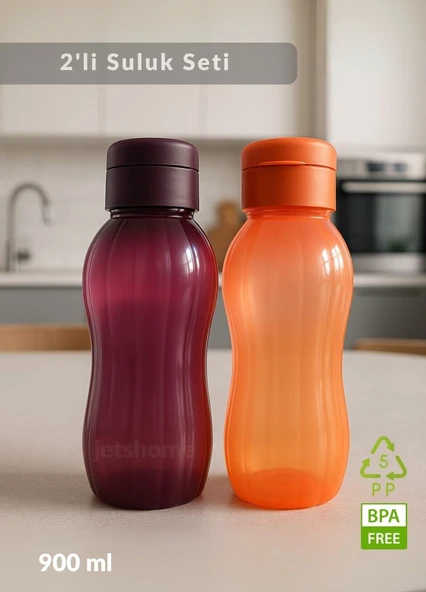 Suluk 2'li Set Su Şişesi BPA Free Okul Suluğu PP-5 Suluk Spor Okul Ofis Suluğu Mürdüm-Turuncu 900 ml ürün görseli