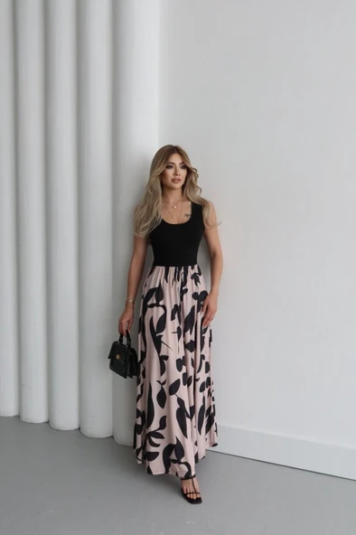 Kadın Askılı Yuvarlak Yaka üst Viskon Alt Desenli Uzun Süprem Elbise - Resim 2