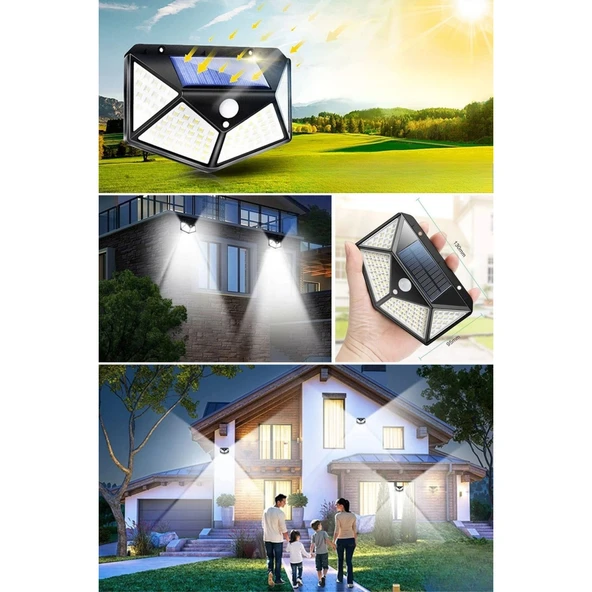 Buffer® 100 Ledli 3 Farklı Aydınlatma Ayarlı Solar Güneş Enerjili Hareket Sensörlü Bahçe Duvar Lambası - 8