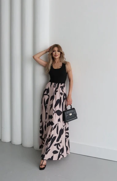 Kadın Askılı Yuvarlak Yaka üst Viskon Alt Desenli Uzun Süprem Elbise ürün görseli