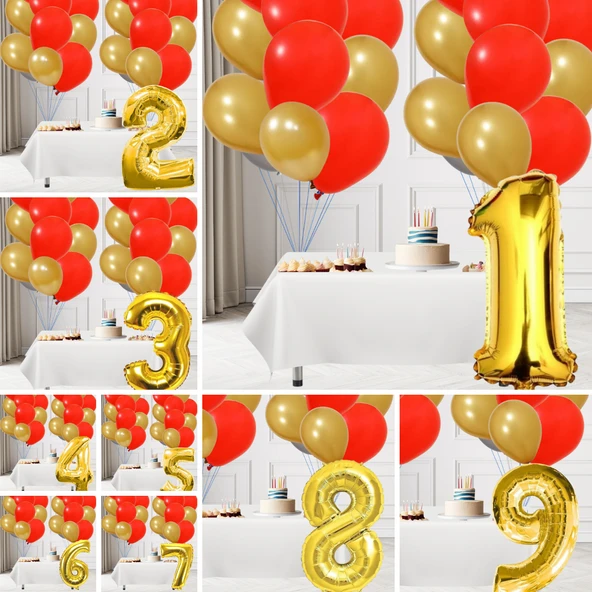 Sarı Kırmızı Taraftar Temalı Doğum Günü Seti Altın Kırmızı Balonlar Altın Folyo Rakam