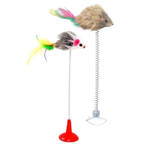 Buffer® 2li Vantuzlu Fareli Tüylü Hareketli Çanlı Ve Esneyen Eğlenceli Peluş Kedi Oyuncağı - 7