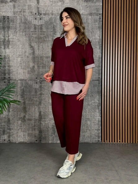 Kadın Modal Kumaş çizgili Gömlek Yaka Ikili Takım ürün görseli