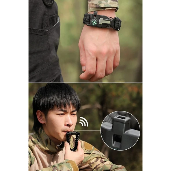 Buffer® 5'i 1 Arada Çok Fonksiyonlu Hayatta Kalma Bilekliği Pusula, Düdük, Çakmak Taşı Ve Şemsiye İpi Bileklik - 7