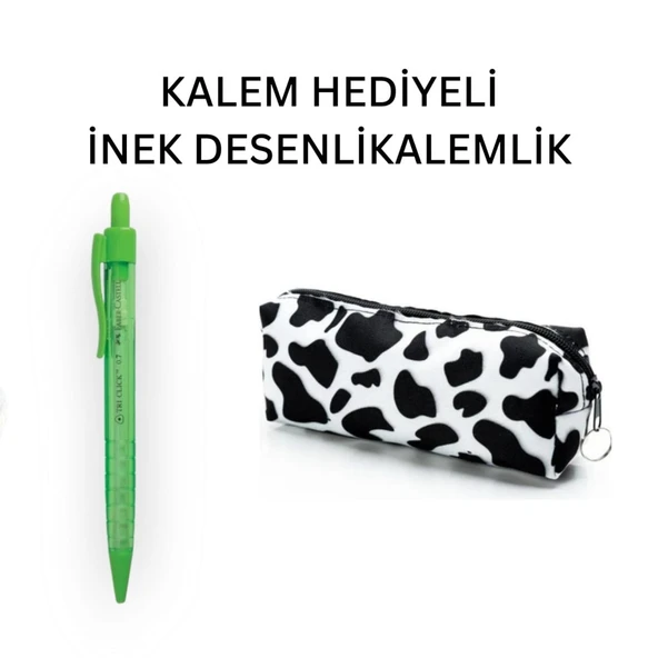 İnek Desen Kalemlik - Okul Kalemliği-Makyaj Çantası ve Yeşil Uçlu Kalem Hediyeli