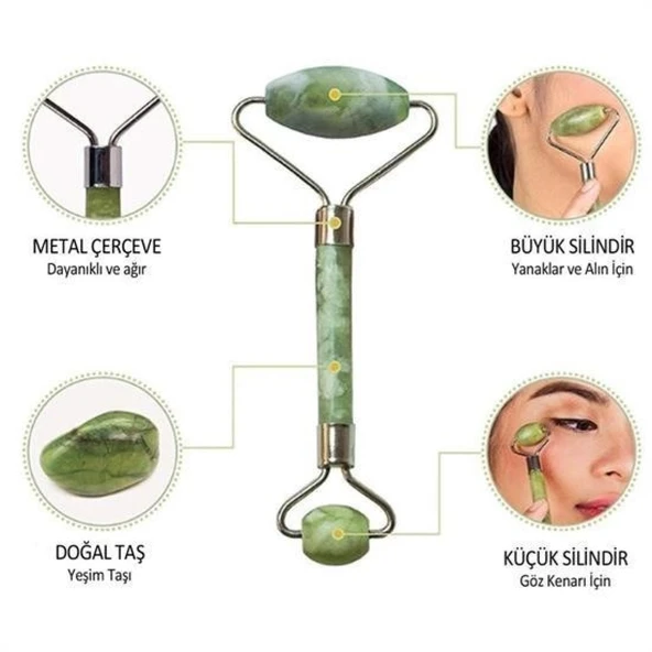 Buffer® Özel Süngerli Kutusunda Kırılmaz Çift Taraflı 2li Cilt Yüz Masaj Aleti Jade Roller Yeşim Taş - 2