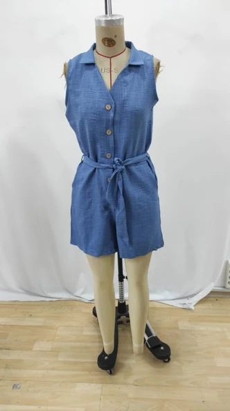 Kadın Sıfır Kollu Yakalı Düğmeli Belden Kuşaklı Kısa Keten Tulum - Resim 6