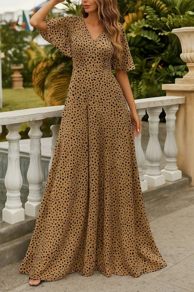 Kadın Kısa Kollu V Yakalı Desenli Süprem Elbise ürün görseli