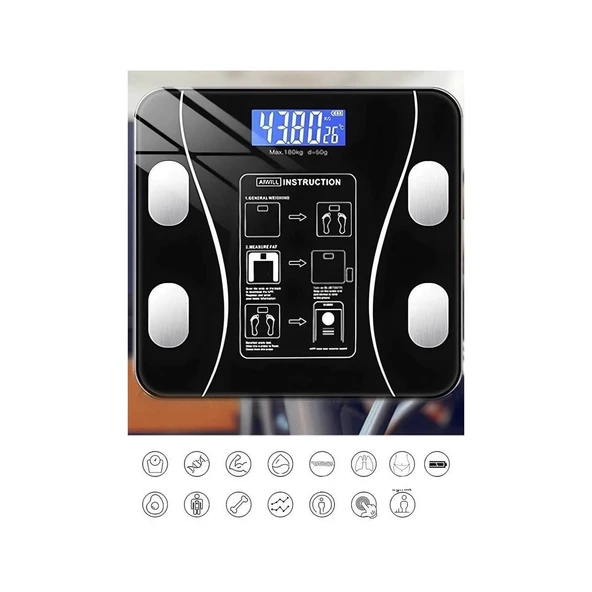 XK-26C Siyah Dijital Baskül Yağ Kas Su Vücut Kitle Indeksi Kilo Ölçer Bluetooth Tartı - 3