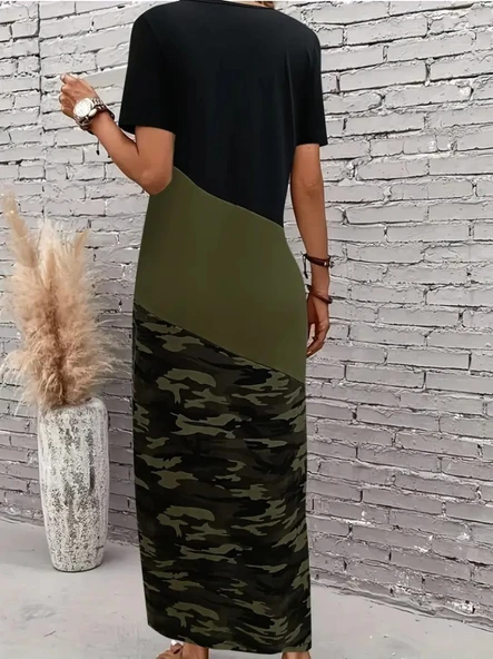 Kadın Kısa Kollu Bisiklet Yaka çok Renkli Maksi Viskon Elbise - Resim 4