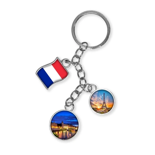 Fransa Üçlü Epoksi Metal Çift Taraflı Damla Anahtarlık France ürün görseli