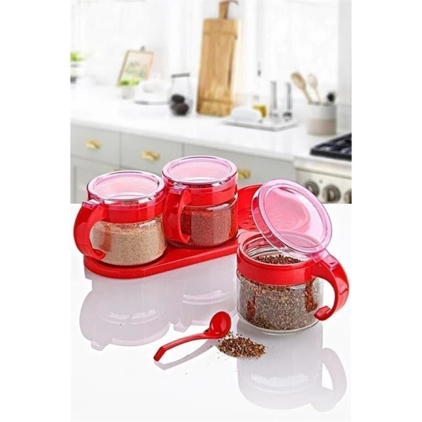 Buffer®  Kırmızı 3lü Standlı Kapaklı Kaşıklı Cam Hava Sızdırmaz Baharatlık Takımı  Kc-386 - 5