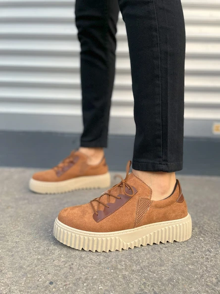 JY502 Bold Bağcıklı Süet Erkek Günlük Sneaker Ayakkabı SKT - Taba - Resim 2